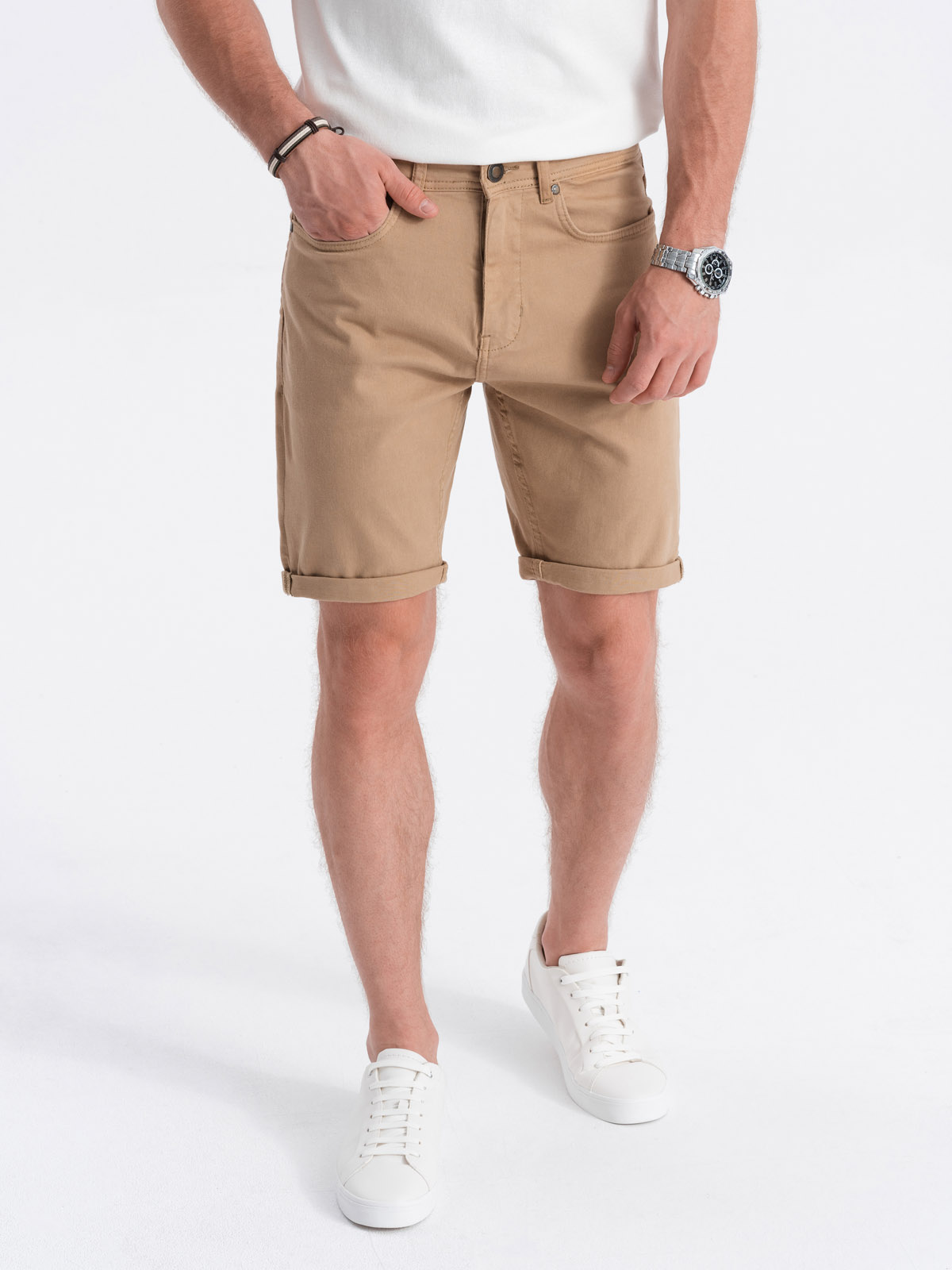 Pantaloni casual scurti barbati W303 - bej inchis