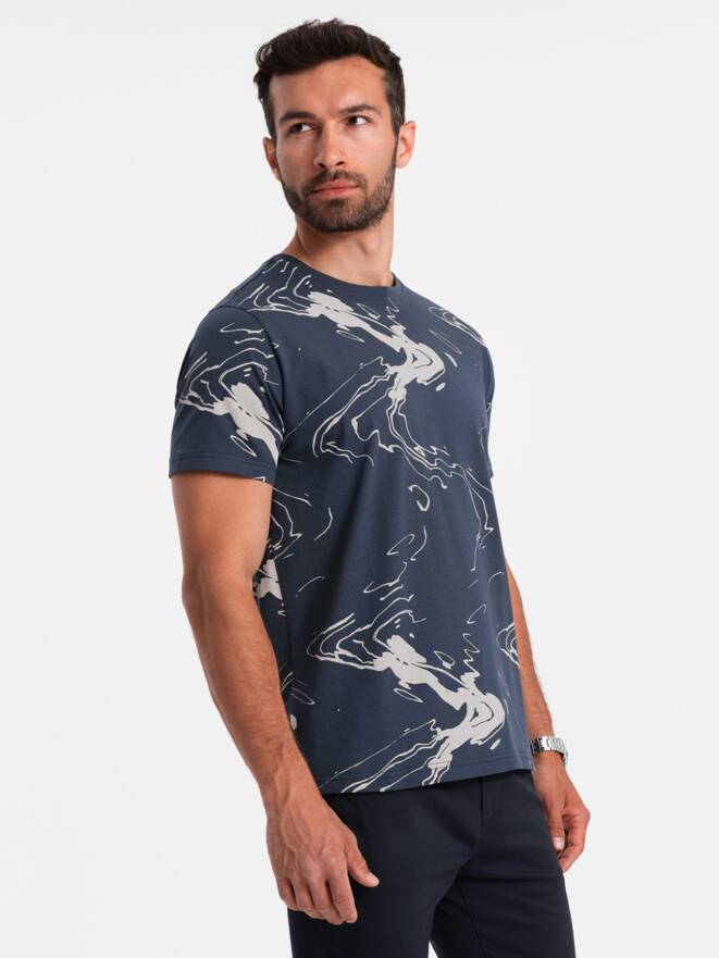 Tricou bărbătesc din bumbac cu modele - albastru marin V1 OM-TSFP-0184