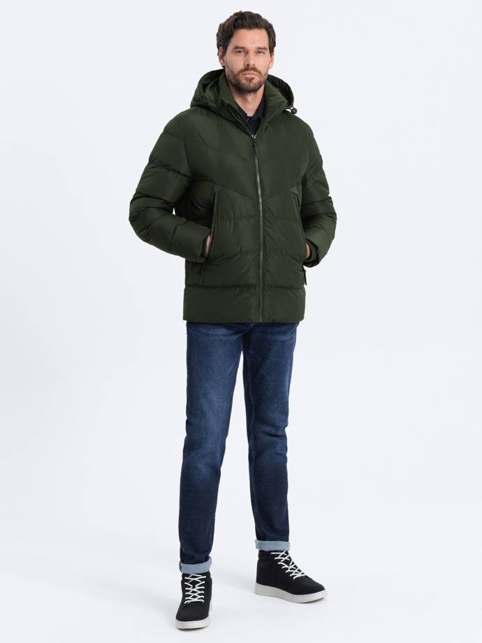 Jachetă de iarnă pentru bărbați cu matlasare neobișnuită - verde închis V2 OM-JAHP-0127