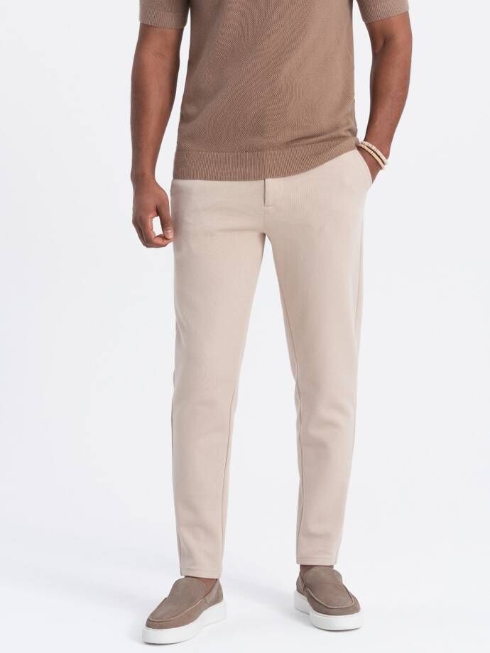 Pantaloni CARROT pentru bărbați CARROT din tricot structurat în două tonuri - bej V2 OM-PACP-0168
