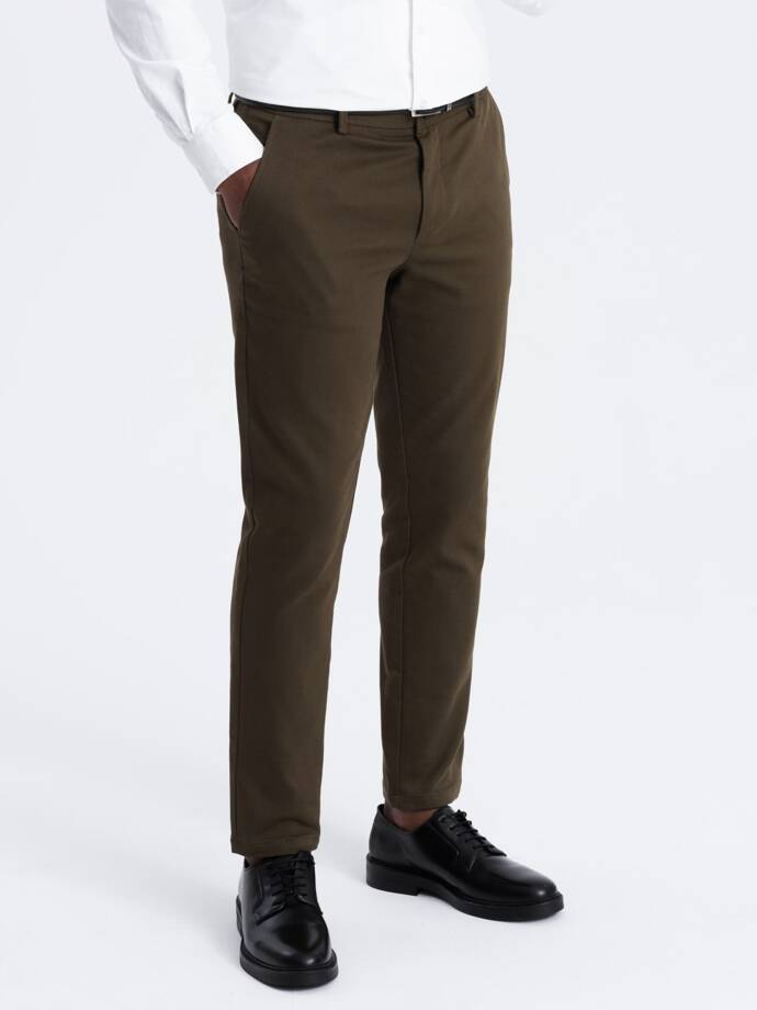 Pantaloni chino SLIM FIT pentru bărbați SLIM FIT cu textură fină - verde-oliv închis V4 OM-PACP-0190