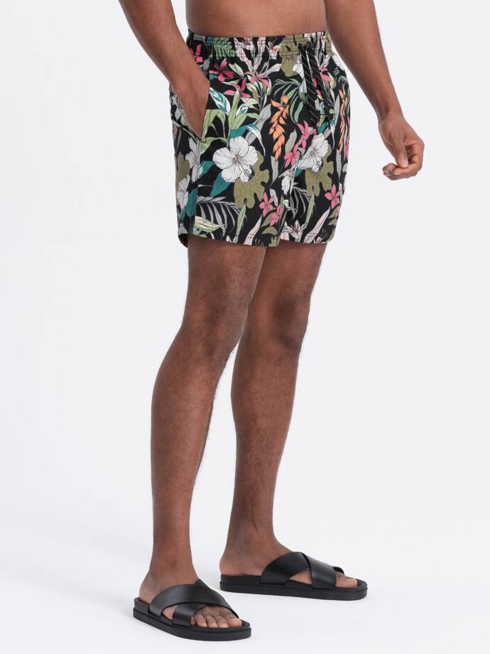Pantaloni scurți de baie cu flori pentru bărbați - negru V3 OM-SRBS-0140