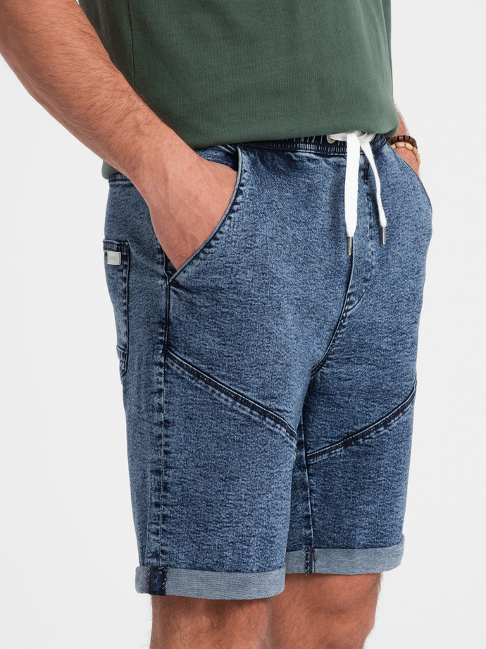 Pantaloni scurți din denim pentru bărbați cu cusături - albastru închis V3 OM-SRDS-0101