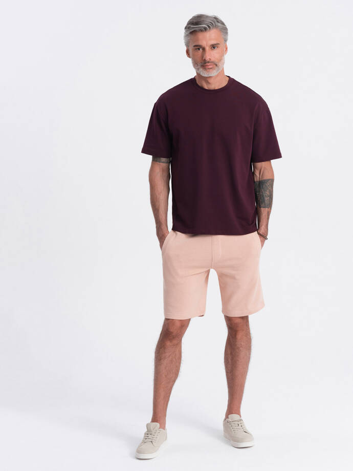 Pantaloni scurți tricotați pentru bărbați cu cordon în talie și buzunare - roz pudră V11 OM-SRBS-0139
