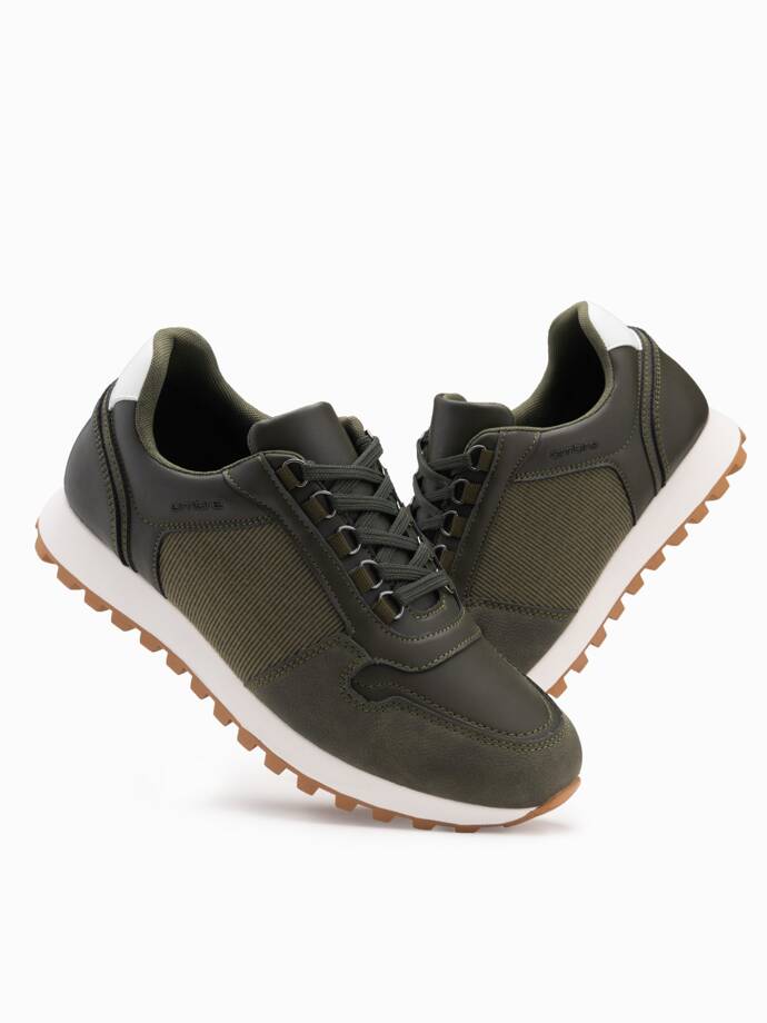 Pantofi sport pentru bărbați din material combinat Patchwork - dark olive V4 OM-FOSL-0144 