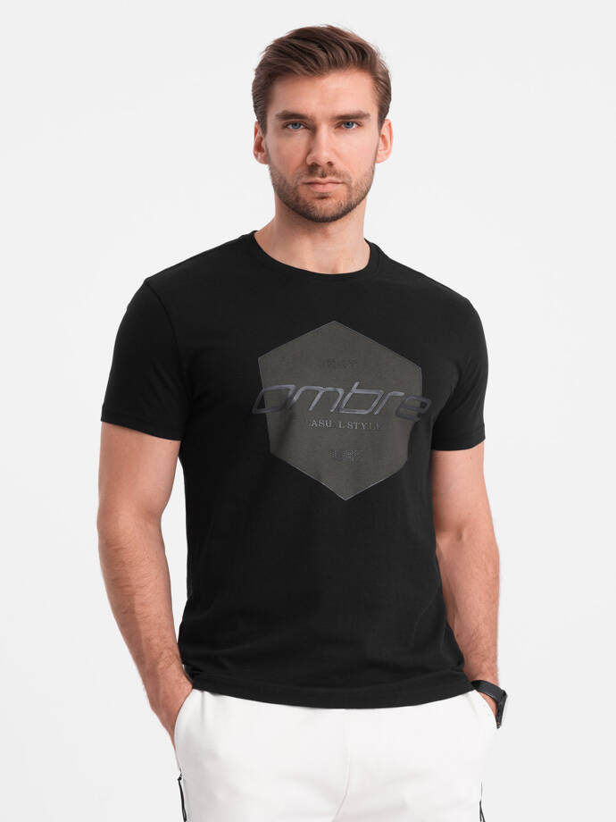 Tricou bărbătesc din bumbac cu imprimeu geometric și logo - negru V2 OM-TSPT-0141