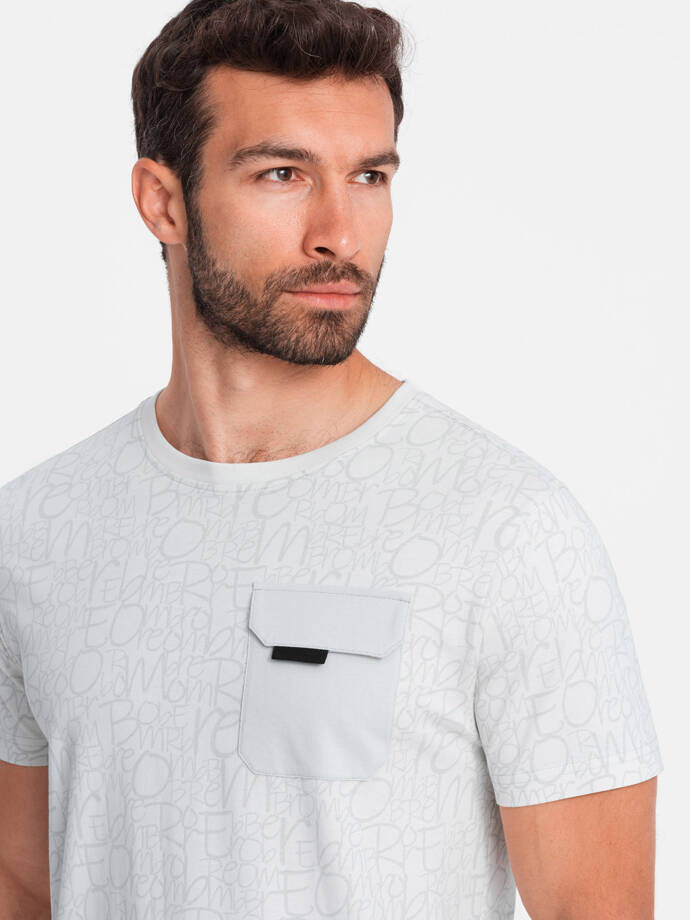 Tricou bărbătesc din bumbac cu litere imprimate și buzunar - alb și gri V3 OM-TSFP-0188