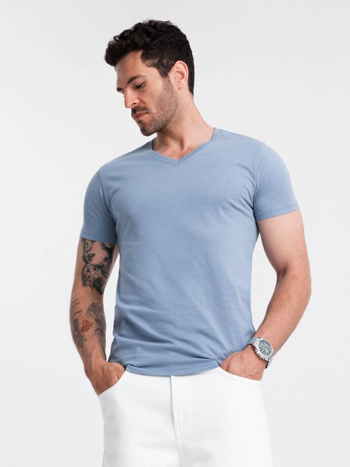 Tricou clasic din bumbac pentru bărbați BASIC cu guler în V - albastru V20 OM-TSBS-0145