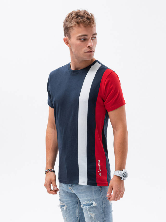 Tricou pentru bărbați cu elemente verticale contrastante - albastru marin V3 OM-TSCT-22SS-006