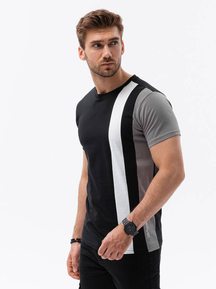 Tricou pentru bărbați cu elemente verticale contrastante - negru V1 OM-TSCT-22SS-006