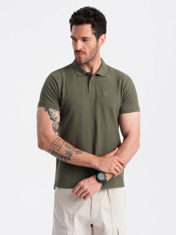 Tricou polo bărbătesc BASIC tricot piqué monocolor - verde-oliv închis V6 OM-POBS-0100