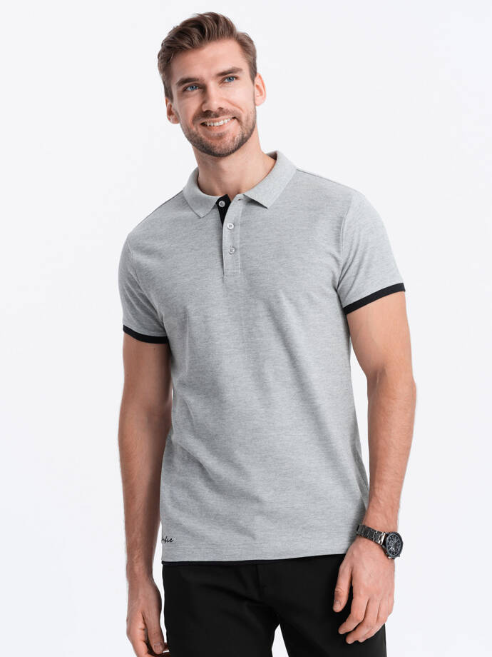 Tricou polo bărbătesc din bumbac cu ornamente contrastante - gri V7 OM-POSS-0113