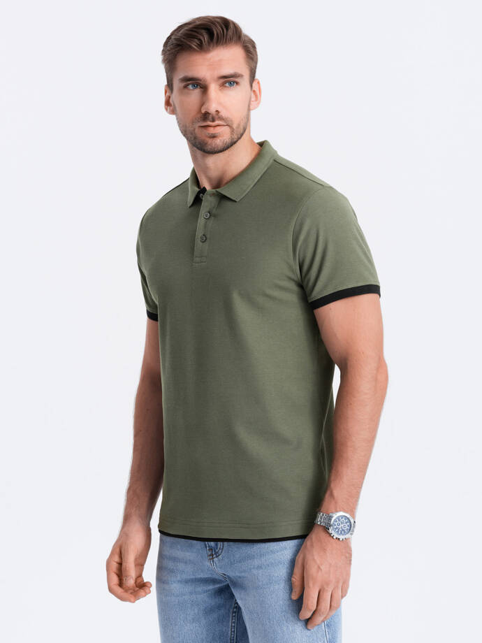 Tricou polo bărbătesc din bumbac cu ornamente contrastante - olive V6 OM-POSS-0113