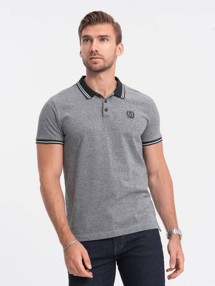 Tricou polo bărbătesc melange cu guler în dungi - negru V1 OM-POSS-0109