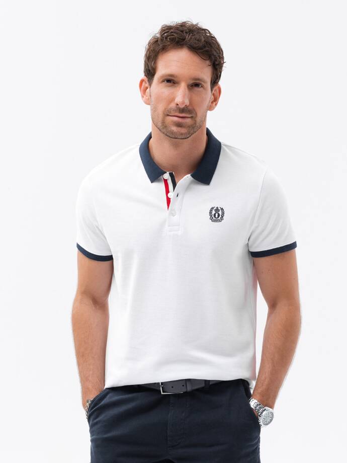 Tricou polo pentru bărbați cu accente colorate - alb V2 OM-POSS-0105