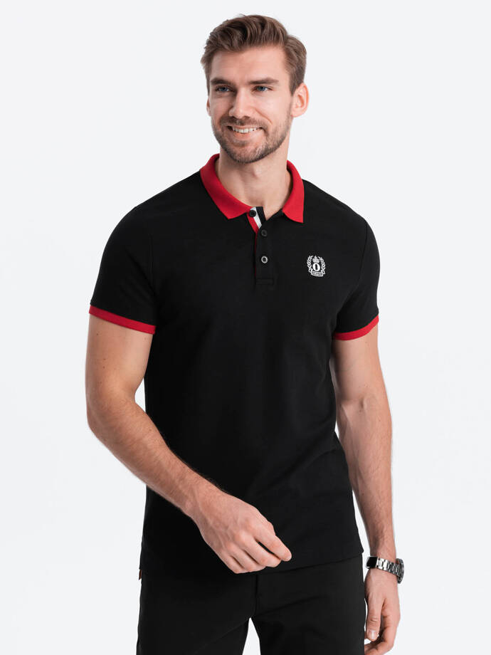 Tricou polo pentru bărbați cu accente colorate - negru V3 OM-POSS-0105